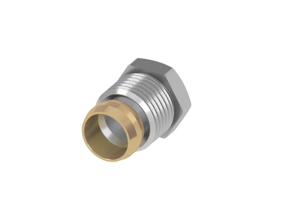 TECE-Quetschverschraubung mit gewinder geschnittenem Anschluss. Das Produkt weist eine Verbindung aus Metall und einem Innenring auf.